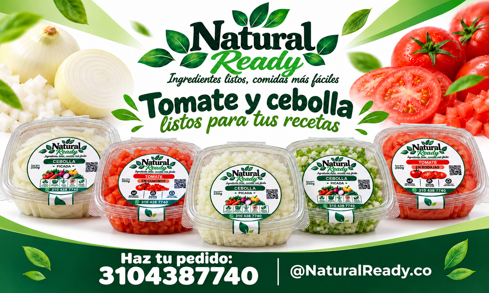 Presentación de cinco bandejas Natural Ready de tomate y cebolla