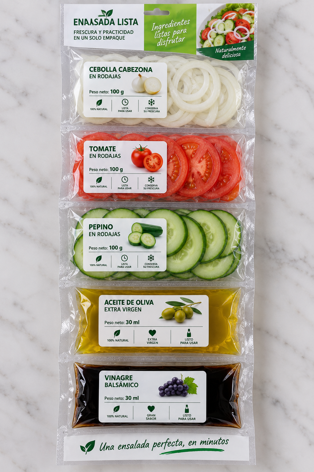 Kit de ensalada con cebolla, tomate y pepino