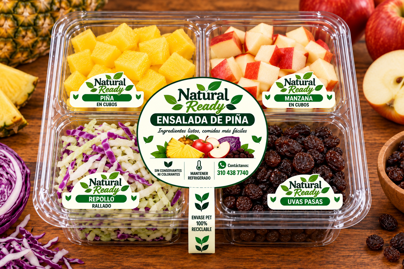 Kit original de ensalada de piña, manzana, repollo y uvas pasas